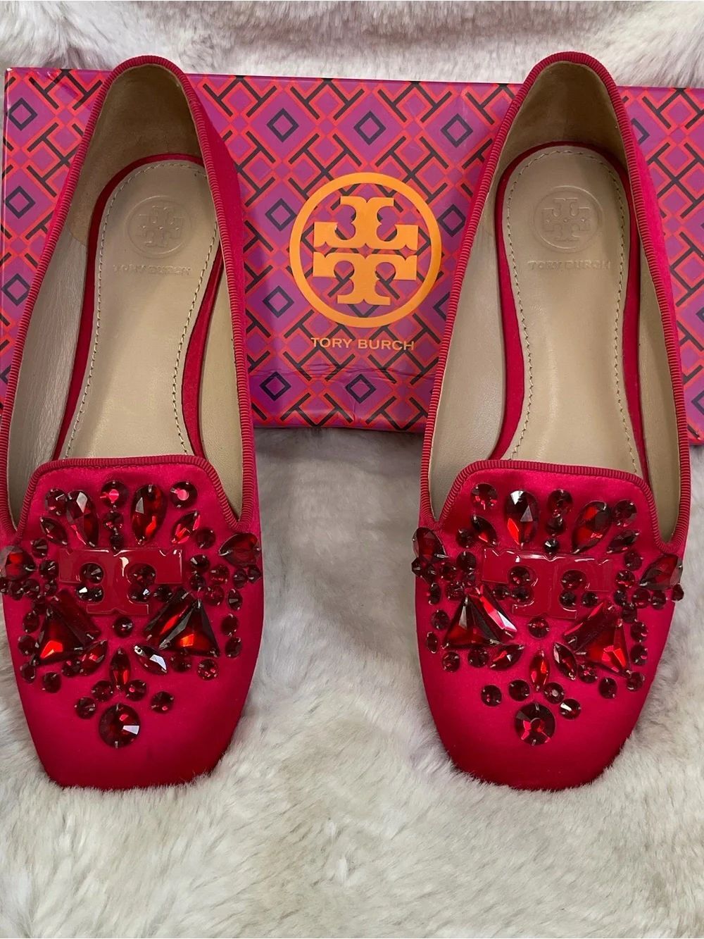 Tory Burch Delphine Logo Satin Carmina Red Loafers With Box Size 6